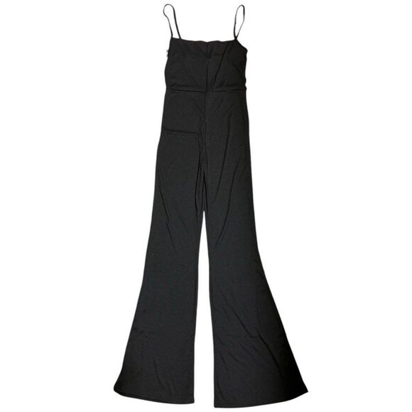 PLT NWT Black Ribbed Strappy Square Neck Flared Jumpsuit Fall Streetwear Chic - Picture 7 of 12
